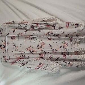 Mason & Belle XXL Floral Kimono Pink White Cardigan Lace Trim Sleeves & Hem Boho